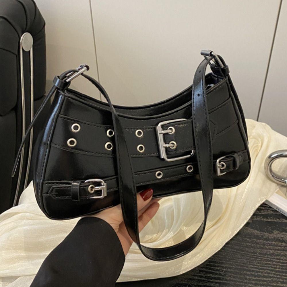 Pu Leather Y2k Underarm Bag Elegant Spicy Girls Handbag Trendy Belt Buckle Shoulder Bag  Club