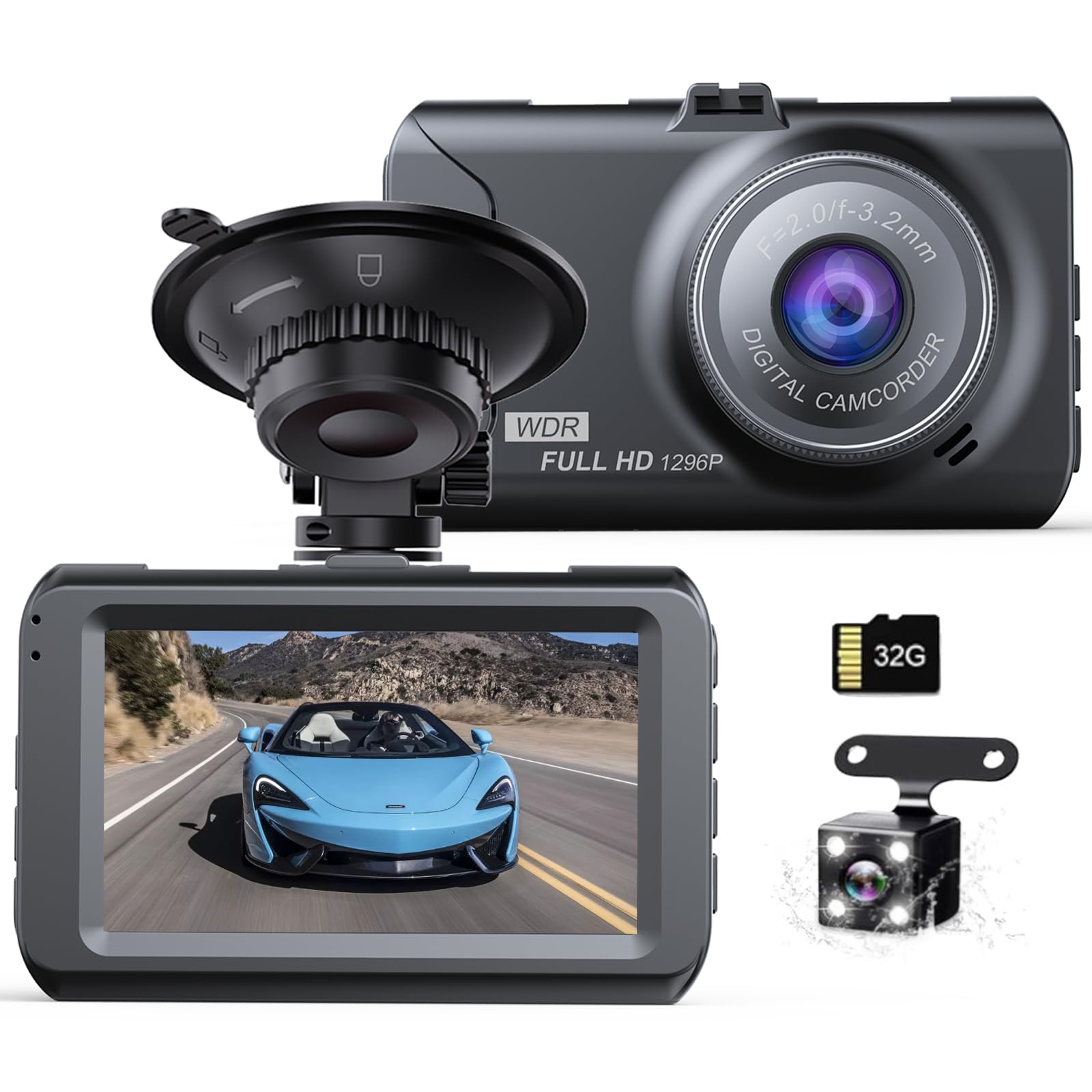 

Автомобильный видеорегистратор с передней и задней двойной компактной камерой 3 170 градусов карта 32 ГБ ЖК-движок коррекции изображения автоматическая аварийная запись при движении задним ходом перезапись светодиод