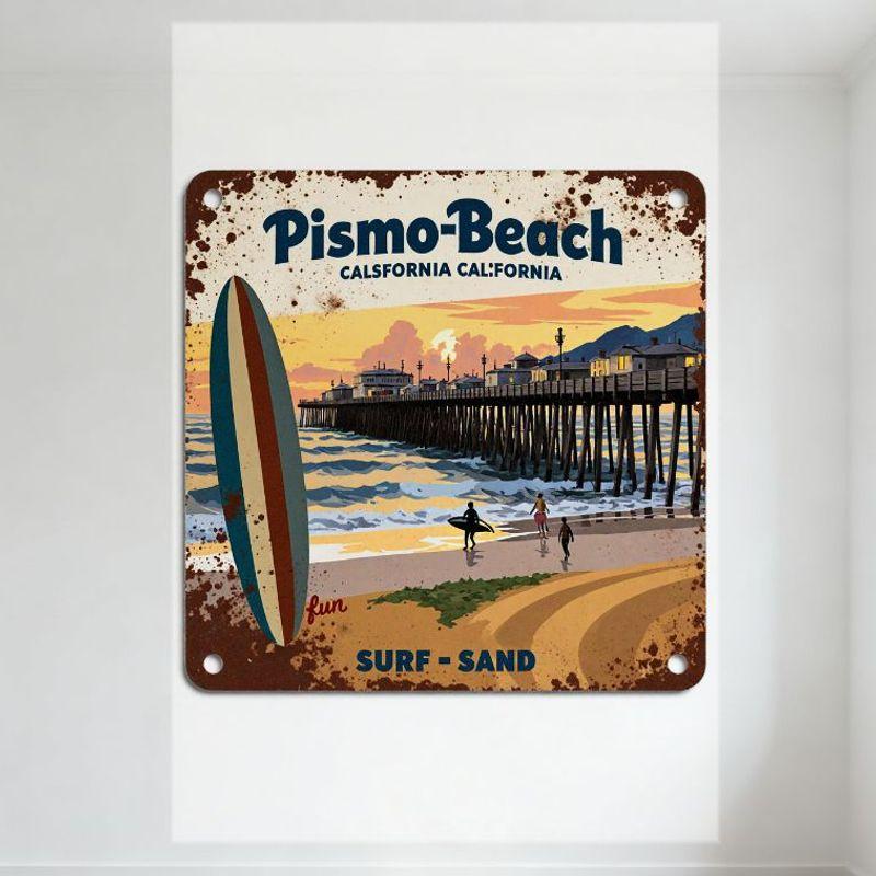 Vintage Pismo Beach California Sunset Surf Metal Tin Sign - Distressed Retro Ocean Pier Beach Decor for Home Bar Man Cave 20x30cm(7.8x11.8inch)