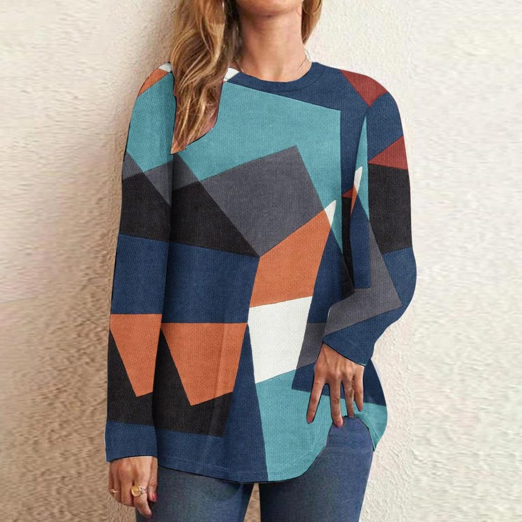 Casual Color Block Long Sleeve Tops For Women Fall Geometric Graphic Crewneck Loose T Shirts Slouchy Tunic Blouses