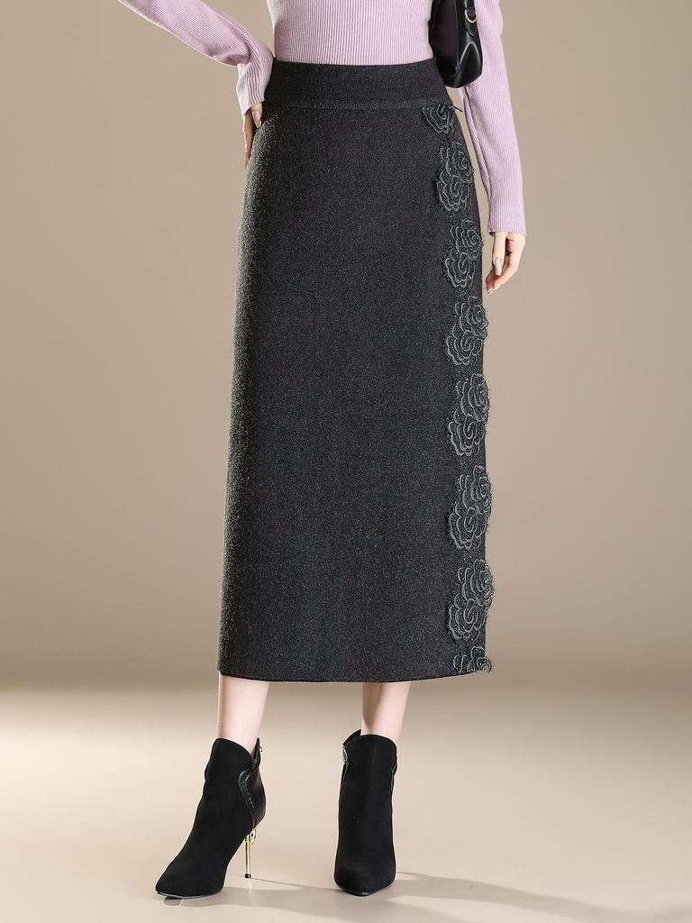 2026 Peony Lace Stretchy Knit Midi Bodycon Skirt