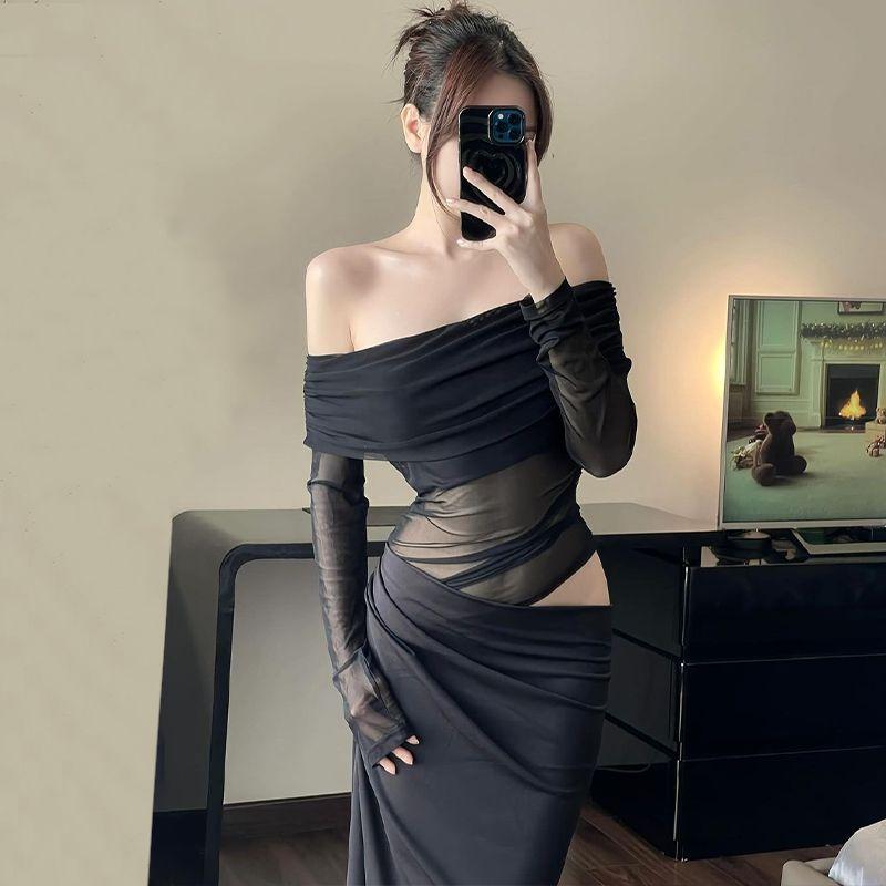 European and American Royal Sister Style Sexy off-Shoulder Mesh Hollow out Long sleeve dress Women Slim fit Hollow out Temperament Black Long dress