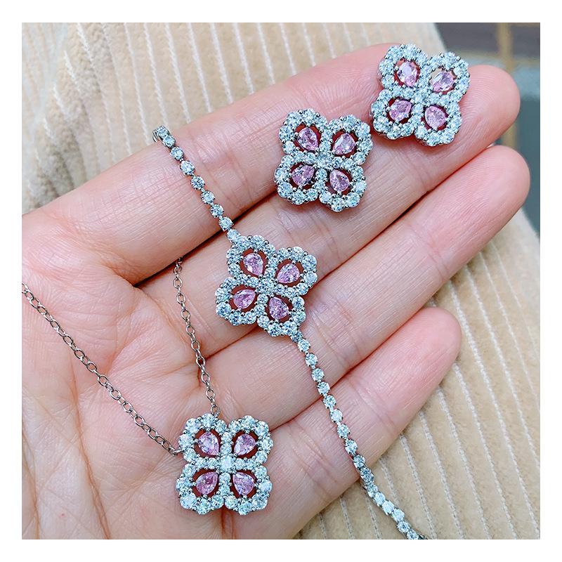 Jewelry Set Simulation Yellow Diamond Necklace Temperament Bracelet Zircon Pink Diamond Stud Earrings