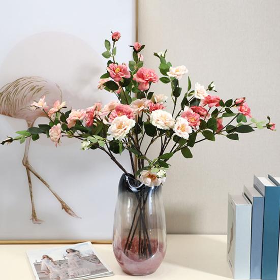 4-stämmiger künstlicher Kamelienbaumzweig mit 6 Blütenköpfen, unechte Seiden-Kamelienblüten mit Stiel für Vase, Hochzeit, Büro, Zuhause