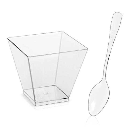 50 Sets Disposable Dessert Cups with Spoons Heavy-duty Reusable Clear Plastic Puddings Cups Parties Events Supplies