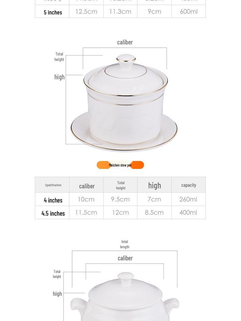 Pure White Ceramic Stew Pot with Lid - Chinese Shaxian Style Soup & Steam Pot, Gold Rimmed.