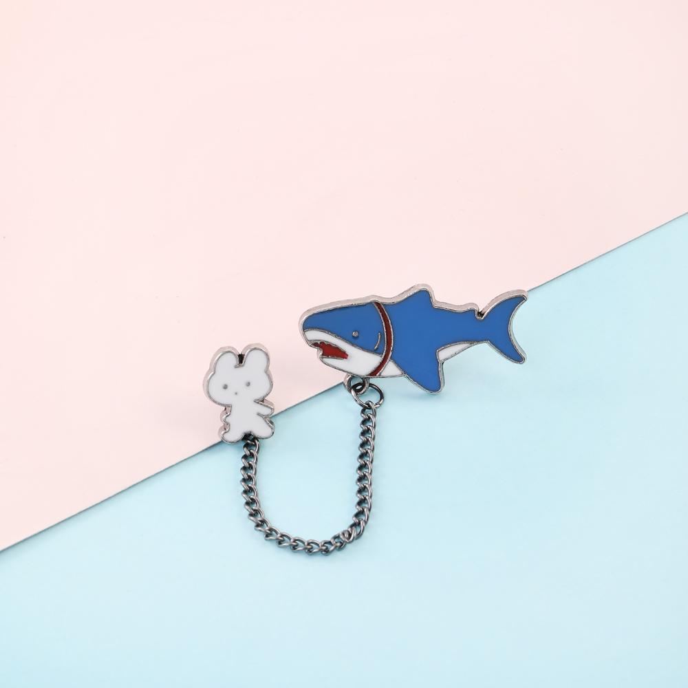 Cartoon Cute Rabbit Holding Shark Dinosaur Chain Lapel Pins Manga Anime Animal Brooches For Kids Backpack Bag Badge Gift
