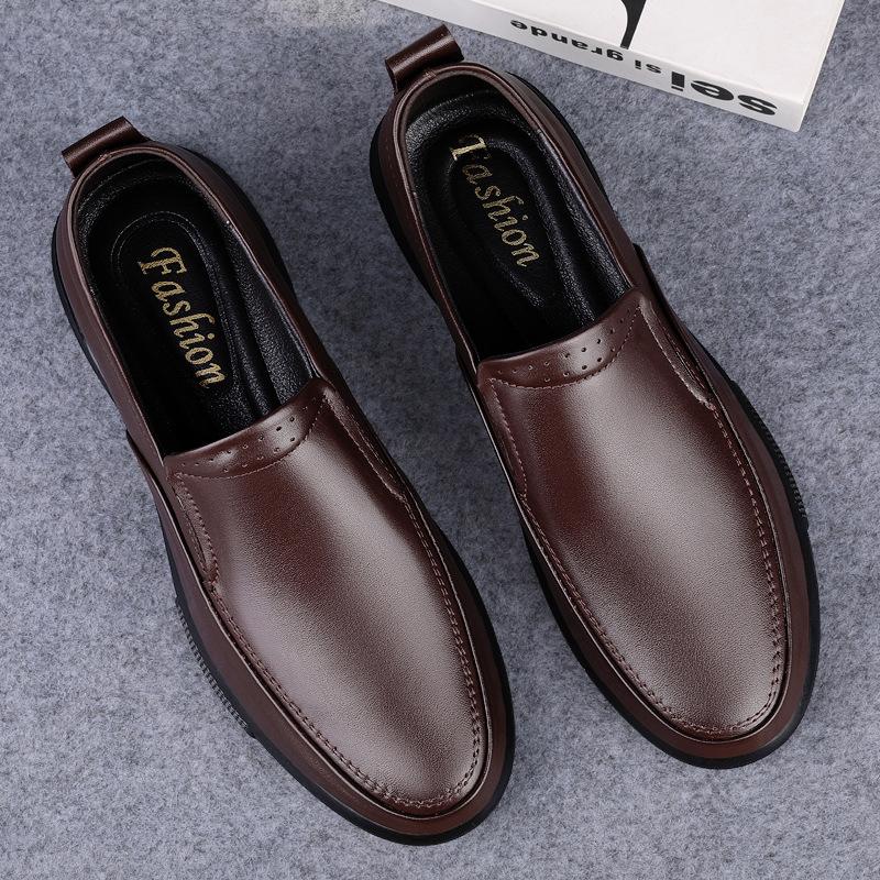 Large size round head shallow mouth men's fashion trend breathable first layer cowhide daily work versatile men's shoes