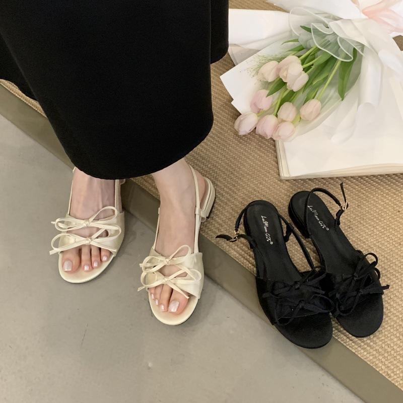 2025 Summer New Satin Bow Open-toed Flat-soled Soft-soled Sandals Round Head Outer Wear Flat-heeled Cool Slippers