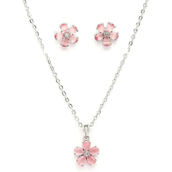 Rhodium Plated Silver Toned American Diamond Studded Floral Shaped Pendant Chain With Earrings Jewellery Set For Women And Girls