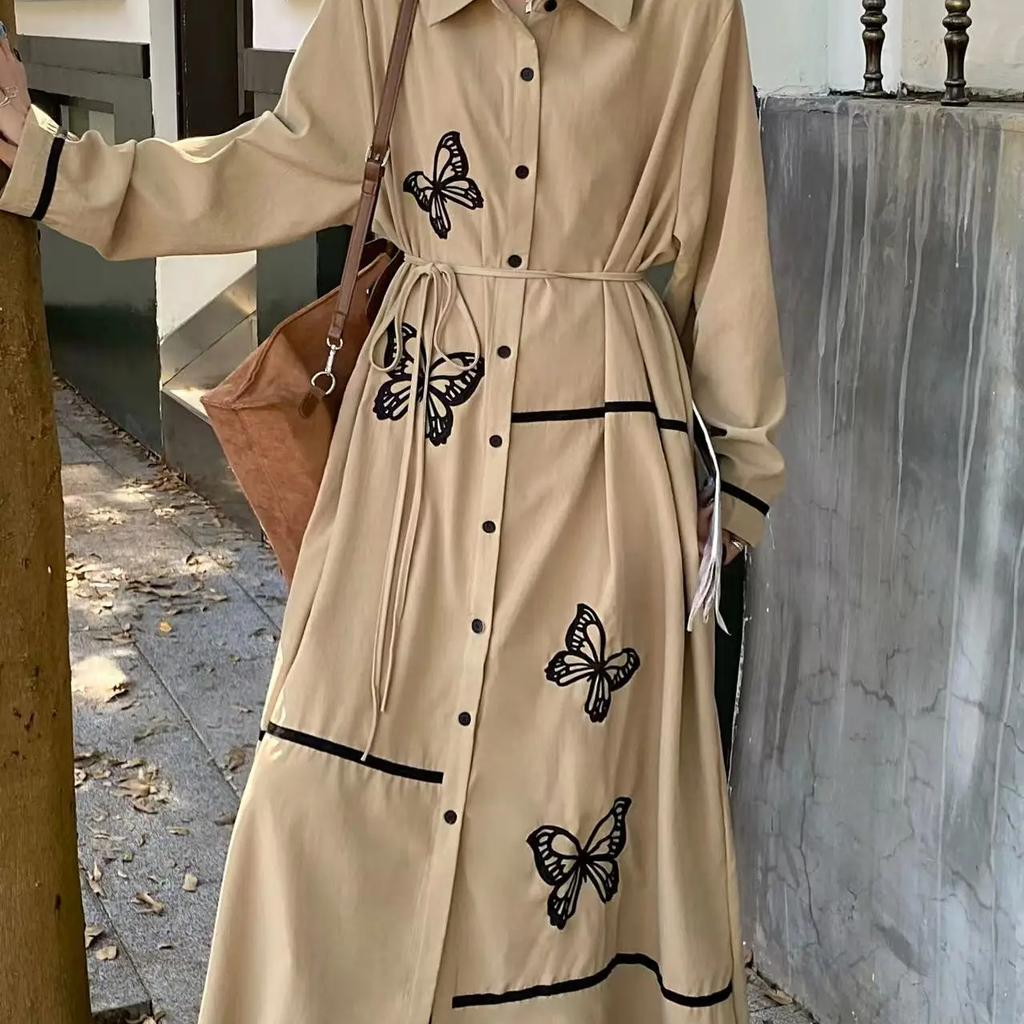 Ethnic Style Retro Butterfly Embroidered Midi Shirt Dress Loose Lace-up Single Breasted Casual Dress New Fashion Women's Clothes