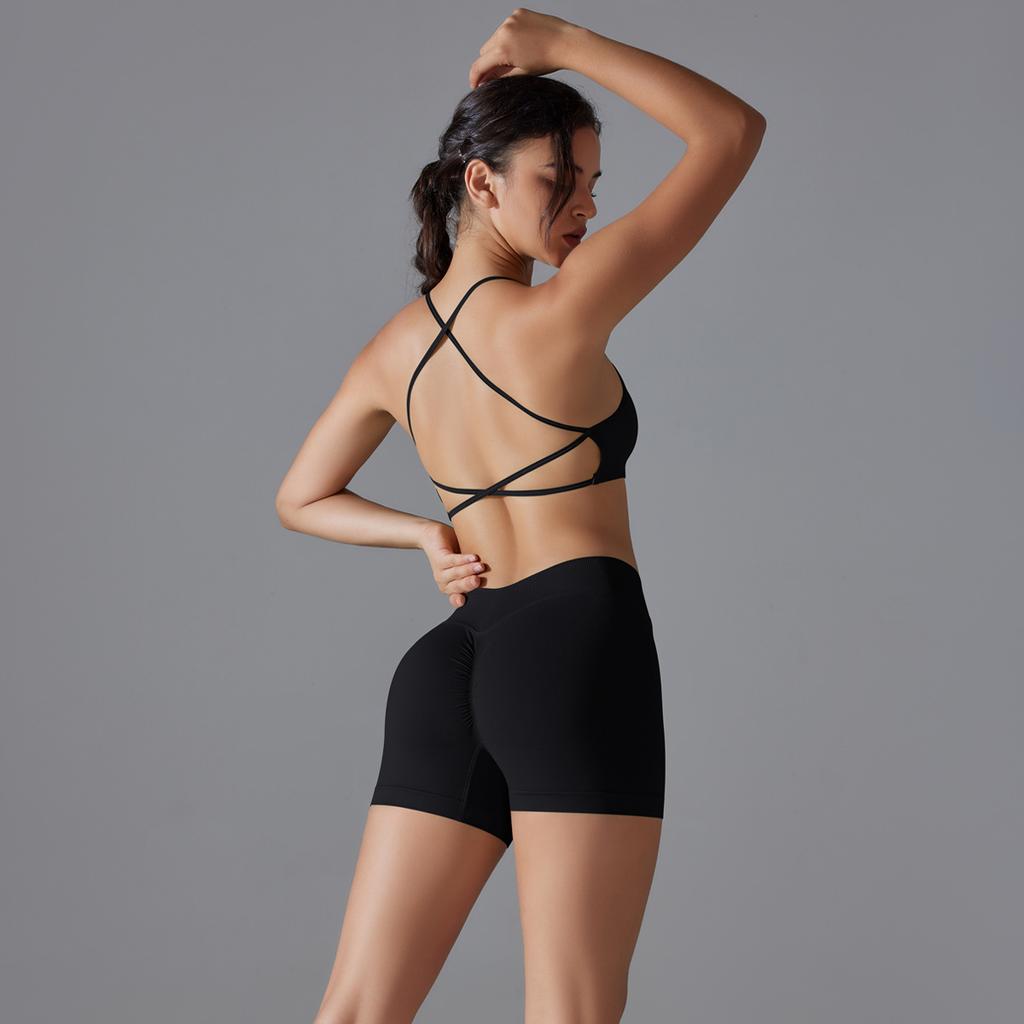Seamless Solid Color Cross Beauty Back High Elastic Tight Sports Underwear Yoga Suit Running Fitness Two-piece Set