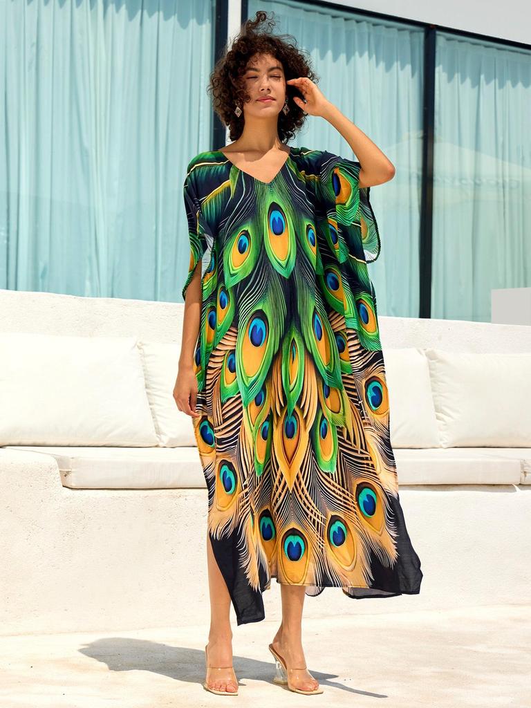 European & American Cotton Print Beach Cover-Up Long Dress - Plus Size Swimsuit Sunscreen Robe