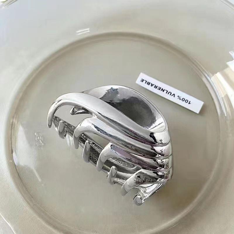 Silver Textured Metal Shark Hair Claw - Women's Stylish Updo Clip Accessory