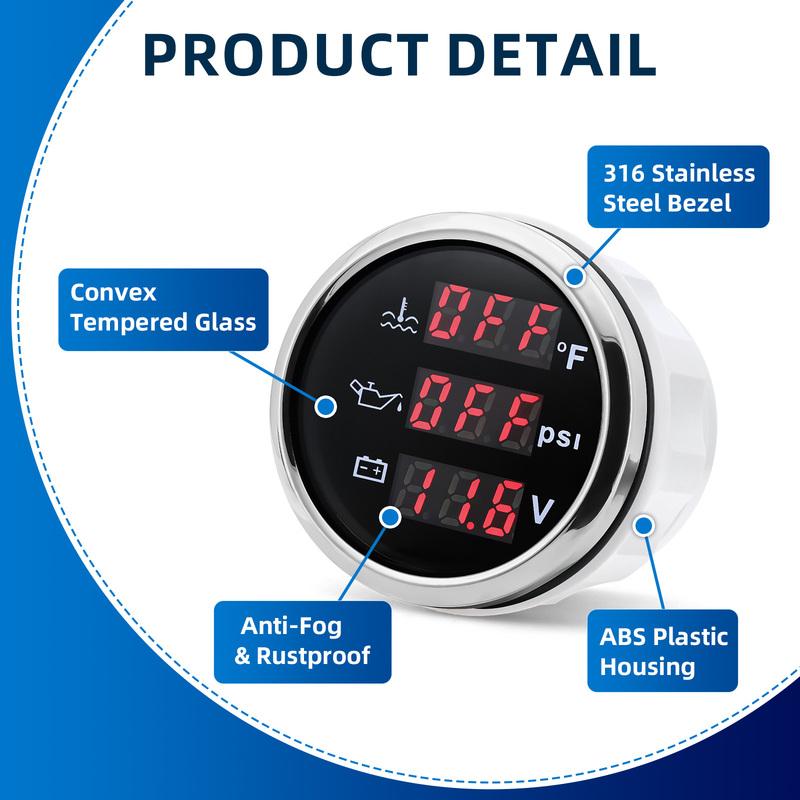 3 In 1 Digital 52mm Gauge with Alarm Water Temperature + Oil Pressure + Voltage Display Meter Sensor Kit For 12V24V Vehicle Boat