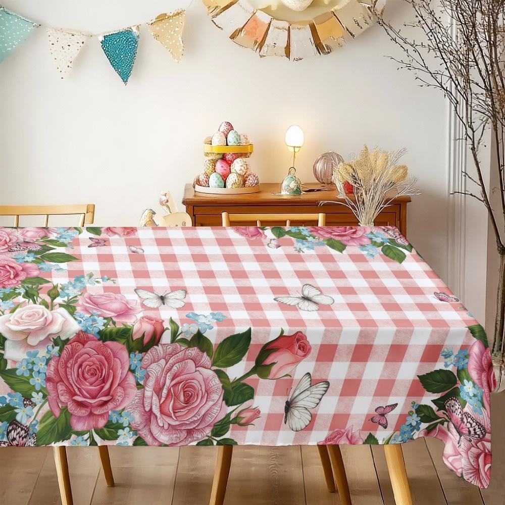 Floral Rose Butterfly Rectangle Table Cloth for Table Decor Kitchen Dining Waterproof Reusable Tablecloth for Tables Picnic