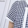 ZANZEA Women Plaid Print Casual Round Neck Short Sleeve Dress