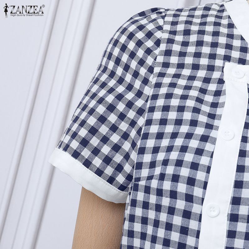 ZANZEA Women Plaid Print Casual Round Neck Short Sleeve Dress
