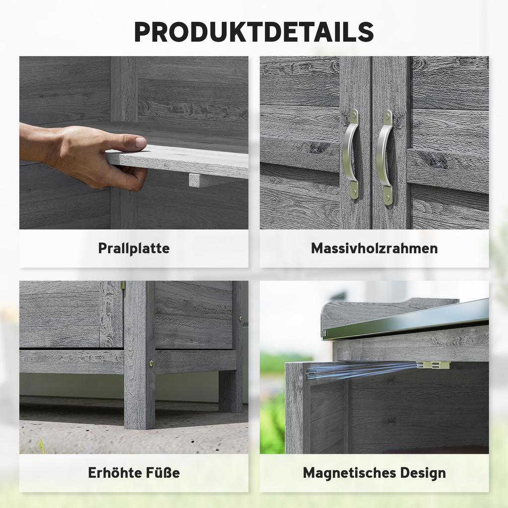 Garden Cabinet with Potting Table, Wooden Tool Shed with Galvanized Worktop, 2 Shelves, Grey