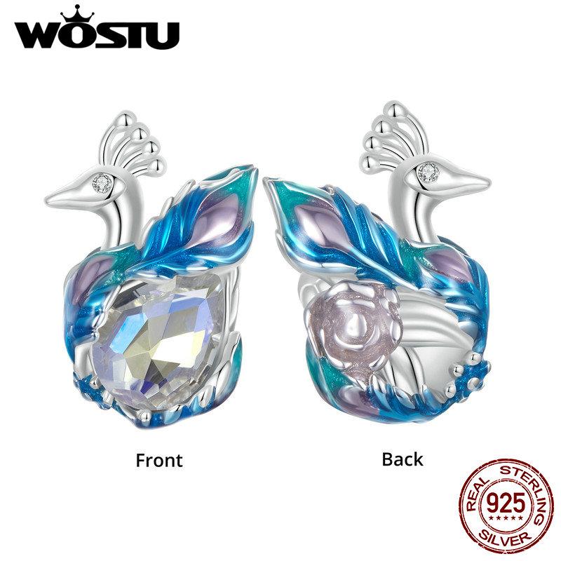 WOSTU 925 Silver Different Side Enamel Hummingbird Charm Heart Glass Bird Body Peacock Beads Fit Original Bracelet Gift