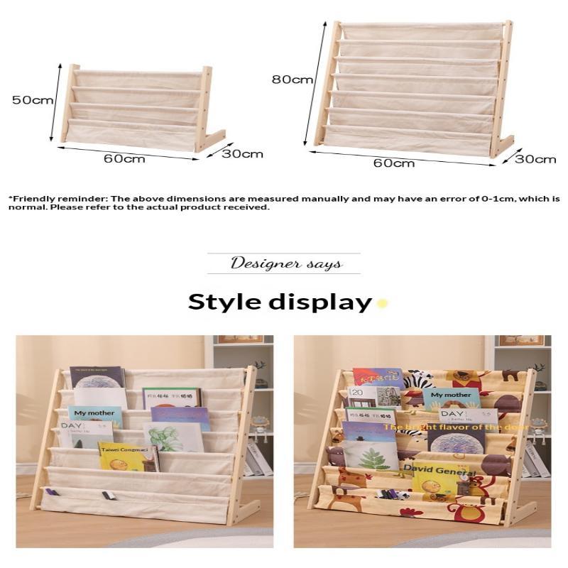 Solid Wood Kids Sling Bookshelf With Canvas Pockets And Large Capacity Perfect For Nursery Playroom Bedroom