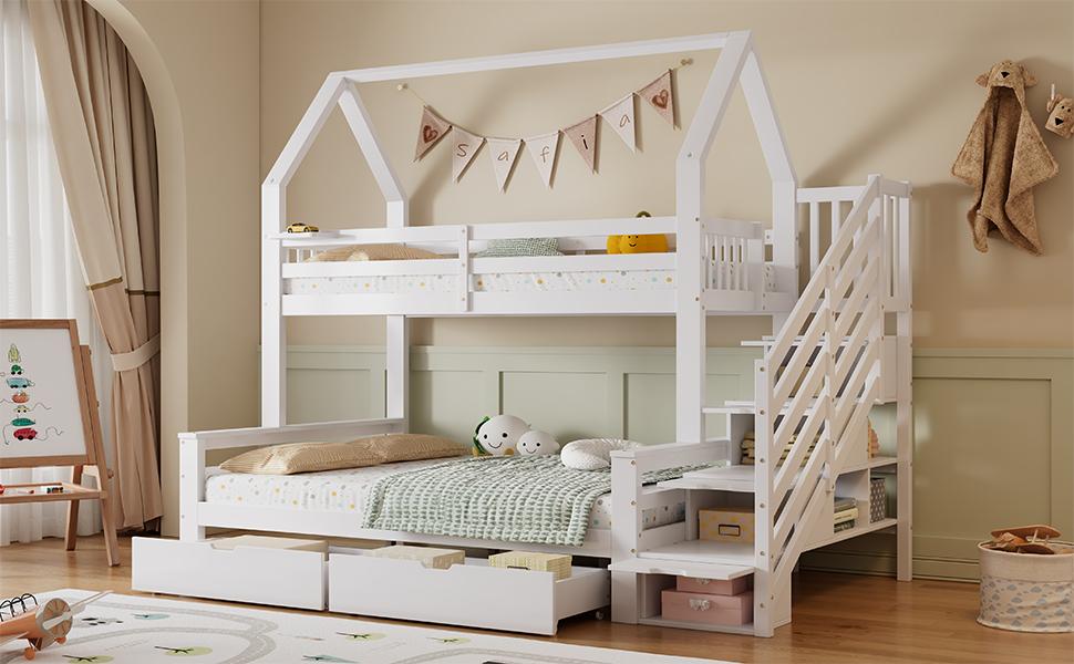 Letto a Castello per Bambini, Due Cassetti su Ruote, Design a Tetto, con Sponda di Sicurezza e Armadio a Gradini, Pino + MDF + Compensato, Bianco, 90x200cm e 140x200cm