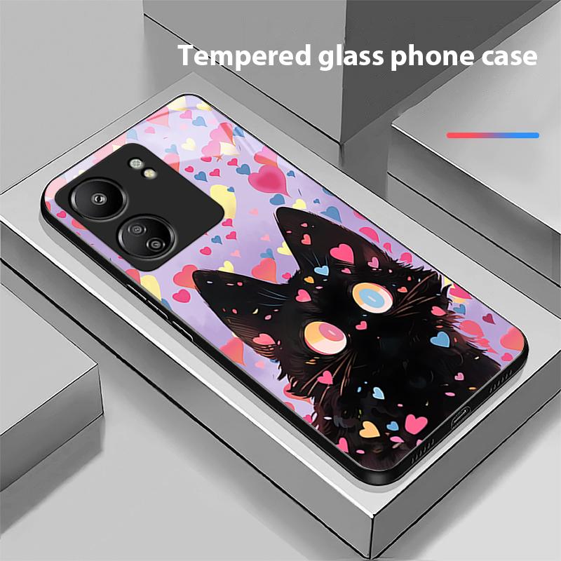 Roztomilý malý černý kočička Pro Xiaomi Redmi 13C Note13 12 Pro Plus 5G Note 9 13T Pro POCO X6 F5 F6 Černý tvrzený skleněný kryt na telefon