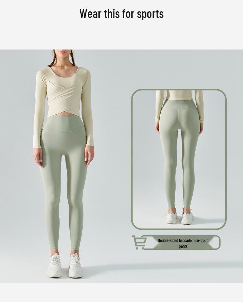 Autumn/Winter Slimming Yoga Top with Built-in Bra and Cross-Pleated Design - Long Sleeve Fitness Wear for Women