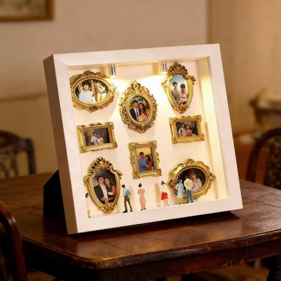 DIY Mini Museum Box with Small Golden Frames Figurines Lamps Photo Frame Shadow Box Family Memory Display Case Home Decoration