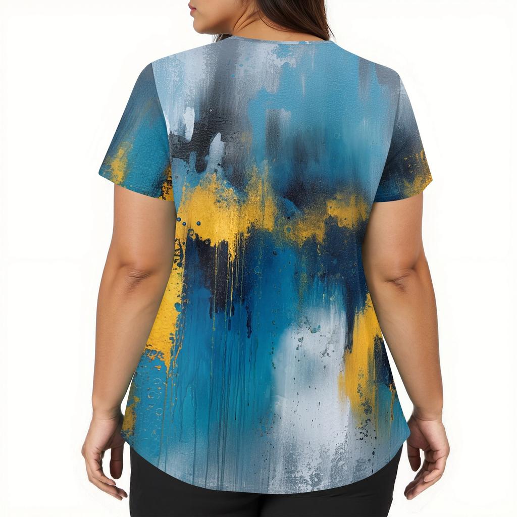 Damesmode werkkleding met V-hals, korte mouwen en bedrukte zakken