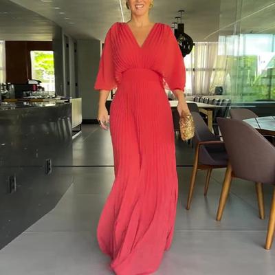 Abendkleid für Damen, Dolman-Ärmel, plissiert, V-Ausschnitt, reine Farbe, hohe schlanke Taille, volle Länge, Party-/Ball-Maxikleid