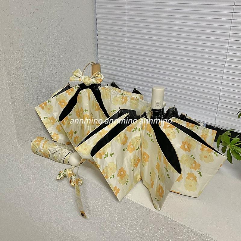 Paraguas automático para mujer con estampado de campo de flores y espuma de leche, de doble uso para sol y lluvia, sombrilla de vinilo plegable en tres secciones con protección solar
