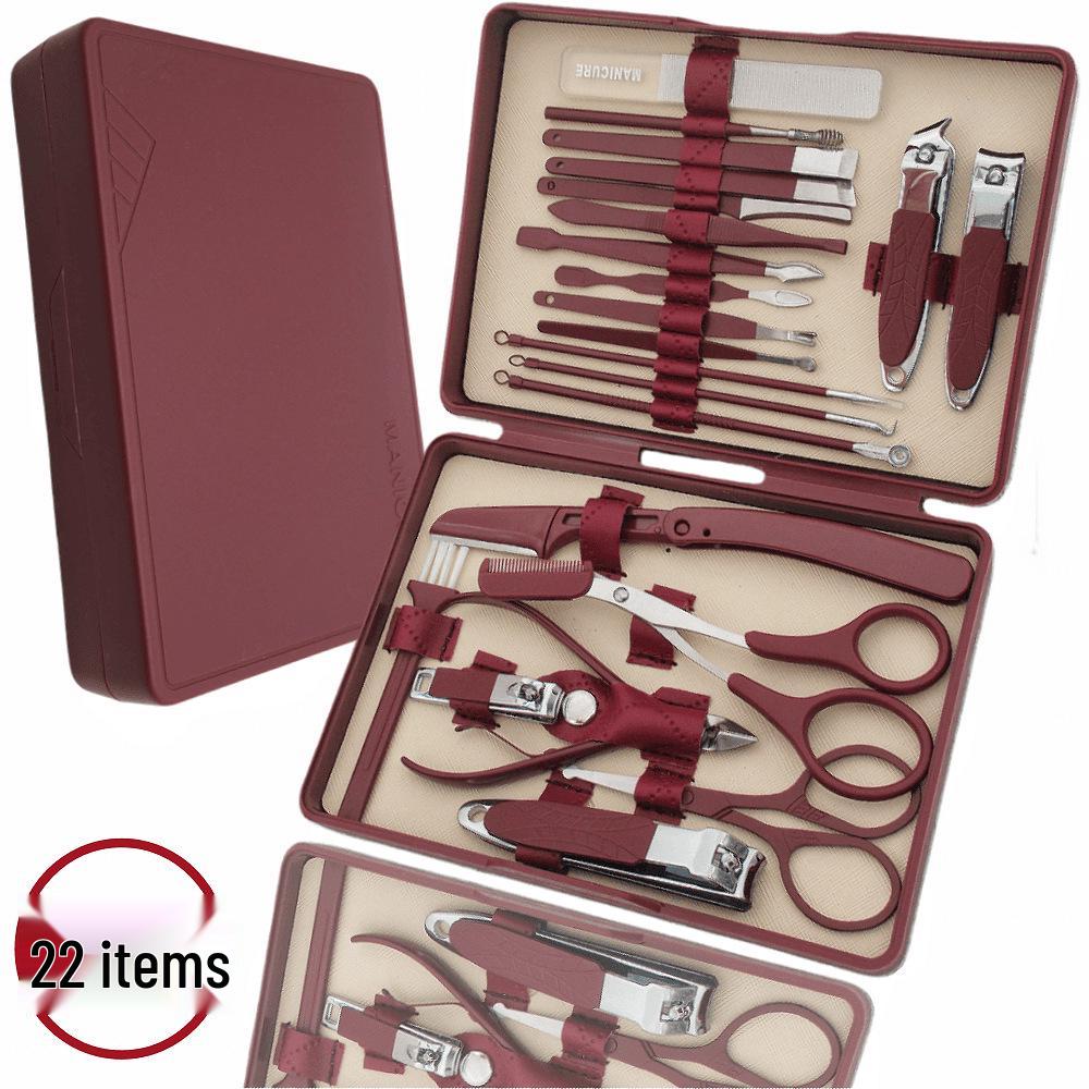 28-teiliges Edelstahl-Nagelpflege-Set: Enthält Nagelscheren, Nagelhautzangen, Pediküre-Werkzeuge, einen Augenbrauentrimmer und eine Pinzette in einem braunen Etui.