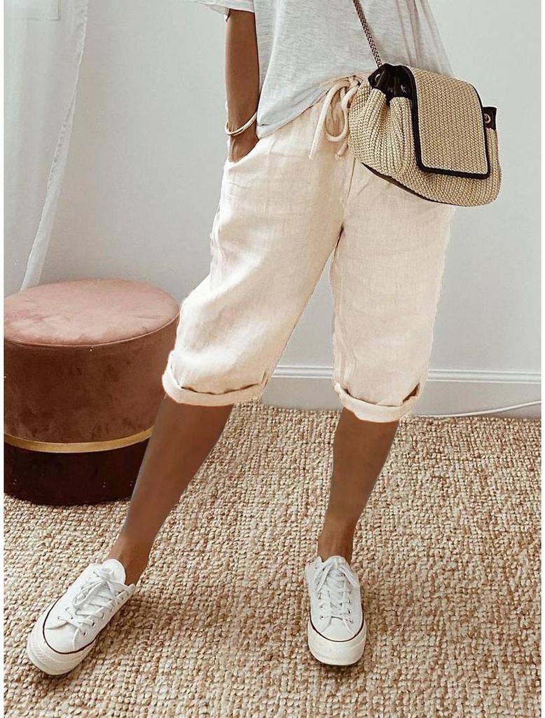 Pantaloni scurți casual din amestec de bumbac și in cu talie elastică și buzunare