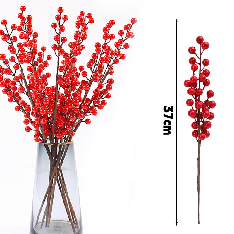 

37/63cm Artificial Berry Branch Foam Christmas Decorative Red Berries Branch Xmas Tree Tabletop Vase Wealth Fruit Ornaments 1PC