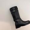Cowhide Black Handsome Belt Buckle Low Heel High Tube Skinny Locomotive Boots Leather Boots Round Head Knight Boots Women's Boots