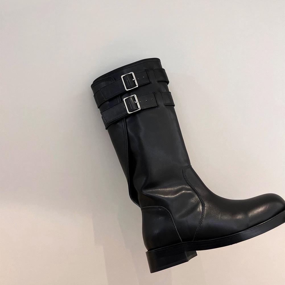Cowhide Black Handsome Belt Buckle Low Heel High Tube Skinny Locomotive Boots Leather Boots Round Head Knight Boots Women's Boots