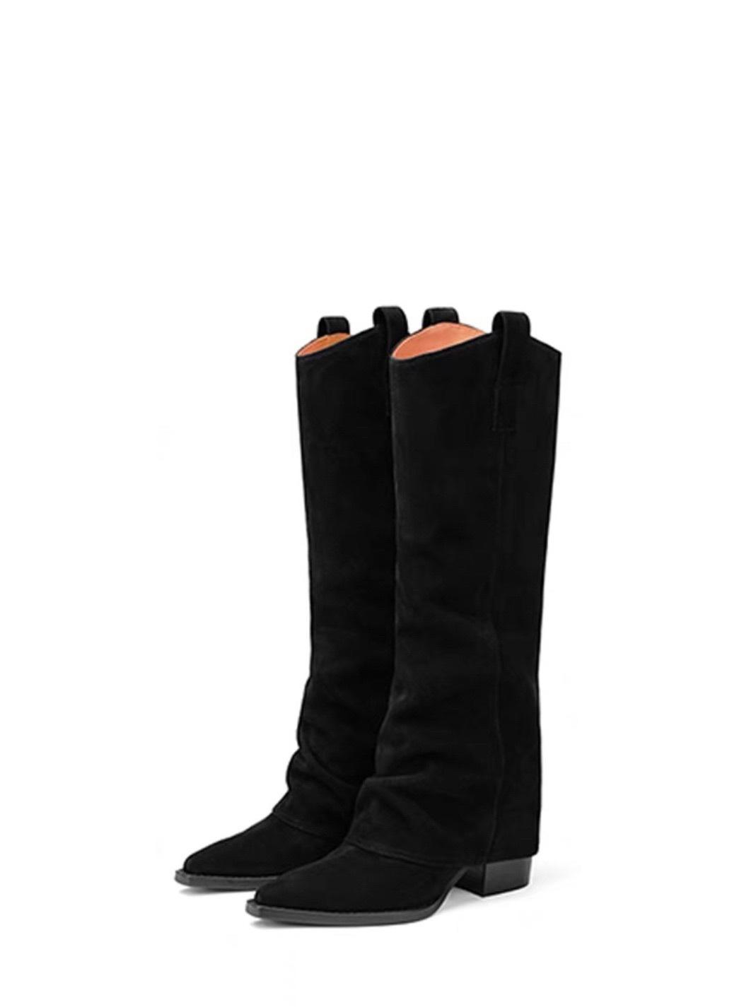 

2025 новые европейские и американские универсальные рыцарские ботинки, как у Мэн Цзыи, ботинки-трубы с острым носком, ботинки на толстой подошве и толстом каблуке 40 чёрный