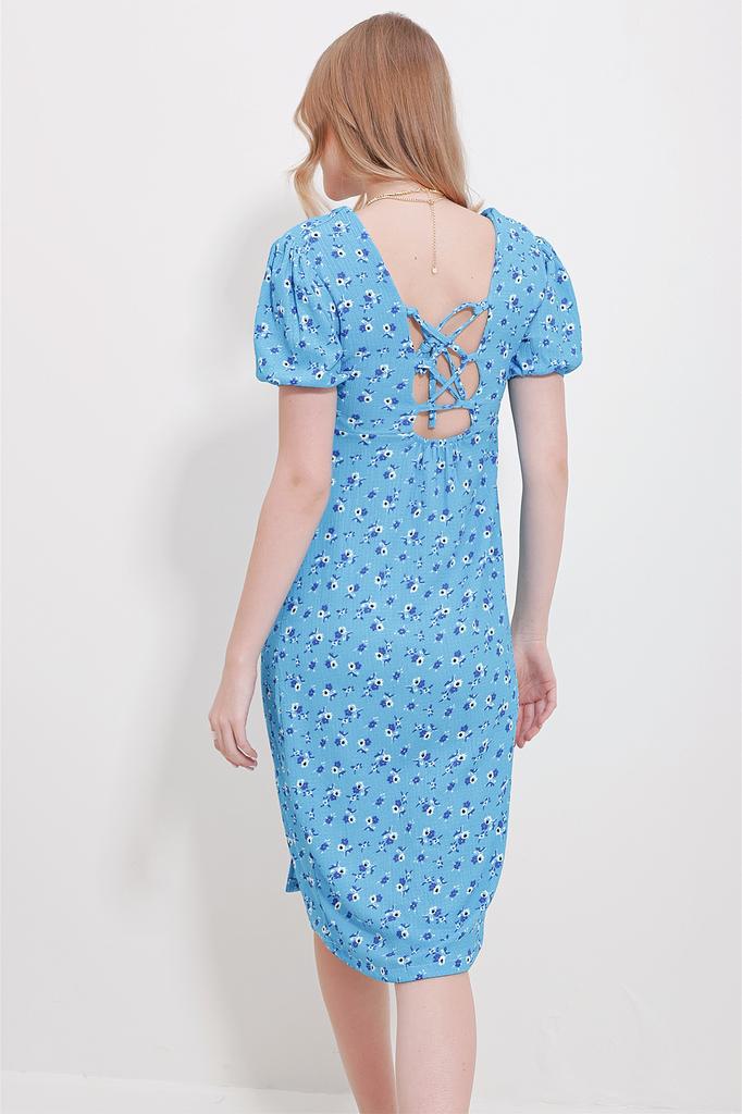 Women's Dress New Season Fashion Pink Square Collar Back Lace Slit Patterned Dress