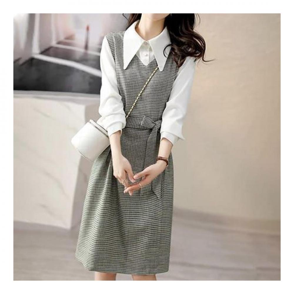 Navava Women Check Two In One Long Sleeve Shirt Dress No738