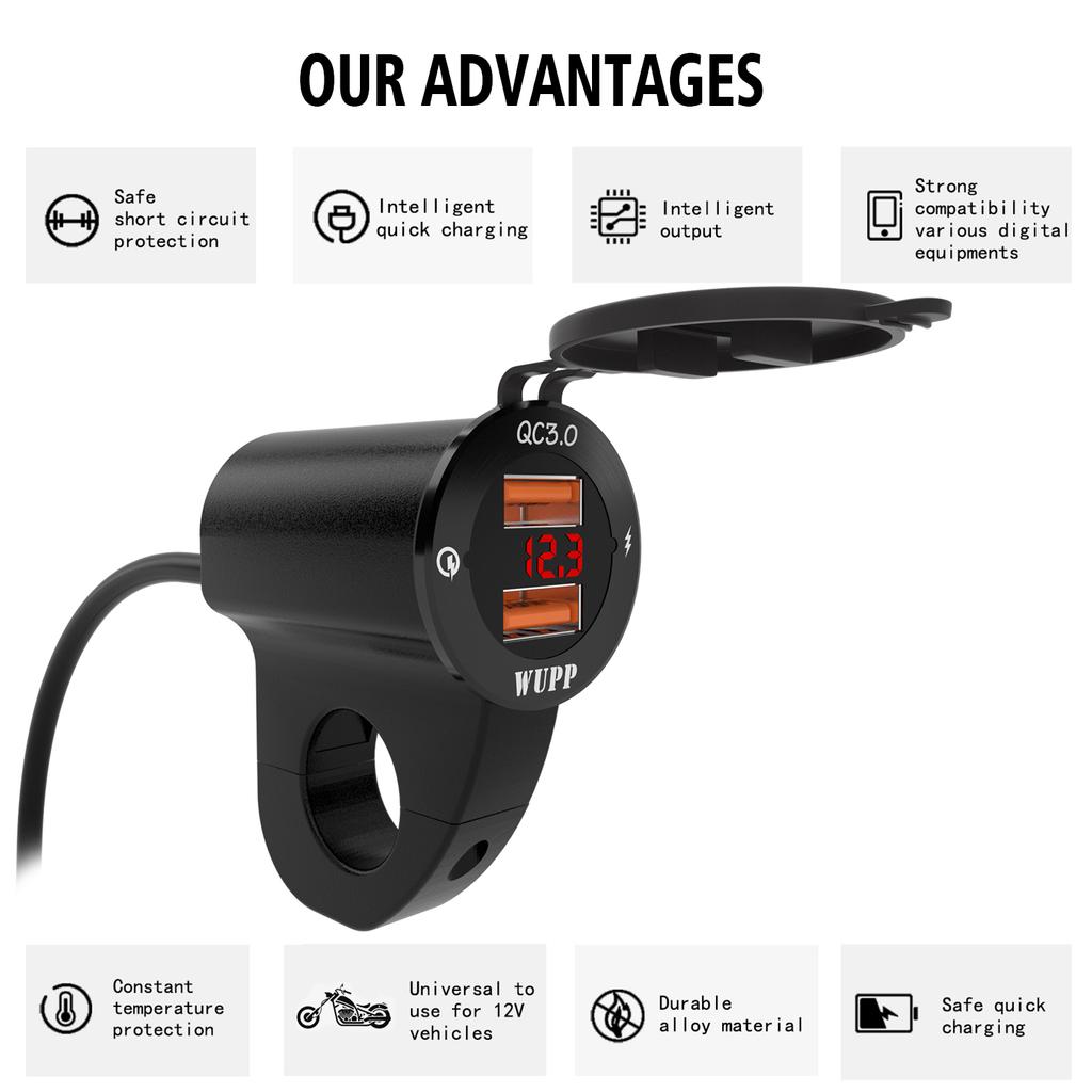 Waterproof Mobile Phone Charging Voltage Meter 12V/2A QC 2.0/3.0 USB Charger Socket for Car Boat Motorcycle Dual USB Power Outlet with LED Digital