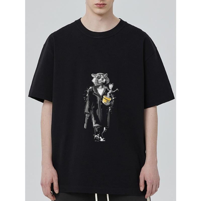 

Black T Shirt with Raccoon in Suit Holding Cup and Gun Print for Casual Wear XXXXL чёрный