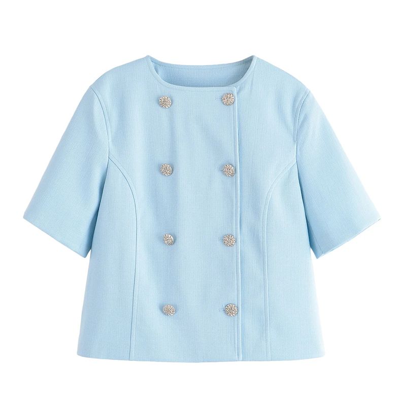 Short Sleeve round Neck Double Breasted Decorated Row Button Tops 2902835 High Waist Straight-leg Minimalist Casual Pants 2899835