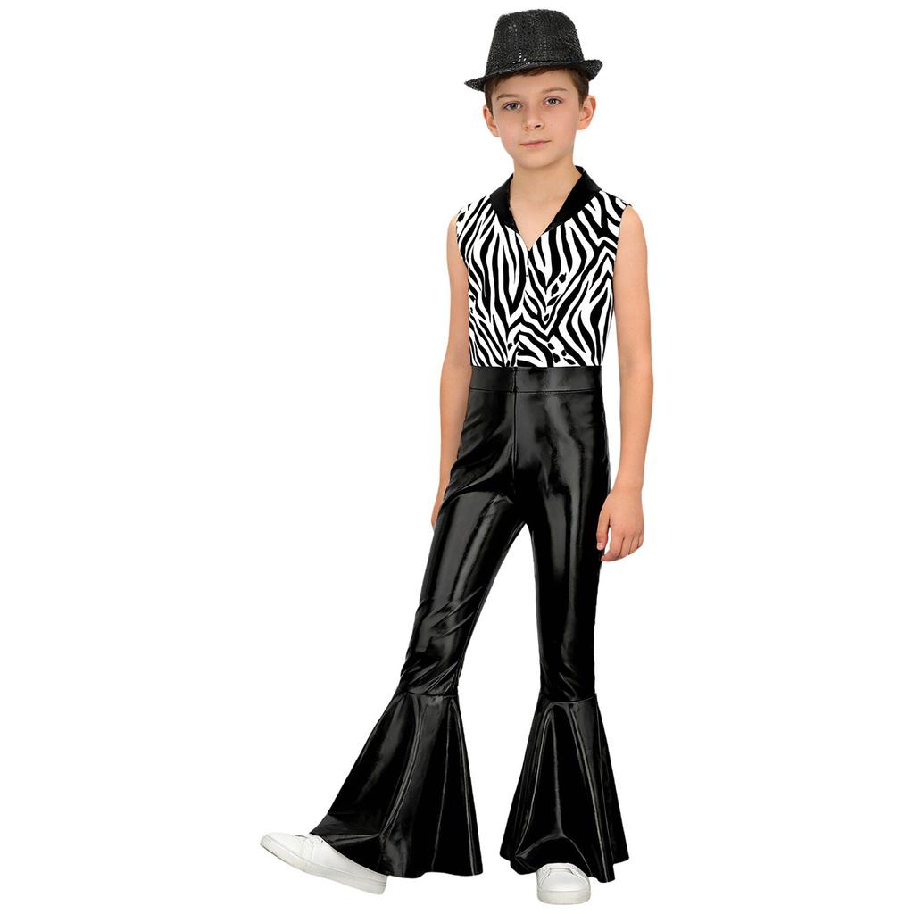 Boys Disco Metallic Glossy Sleeveless Print Patchwork Long Flare Pants Jumpsuit Sequins Fedora Hat
