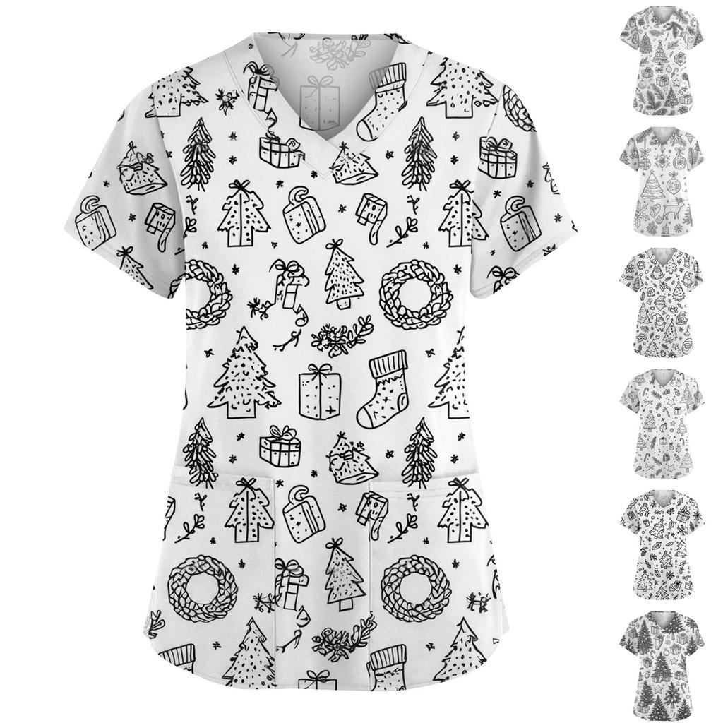 Women's Fashion V-Neck Short Sleeve Overalls With Pockets Print Tops Clothes