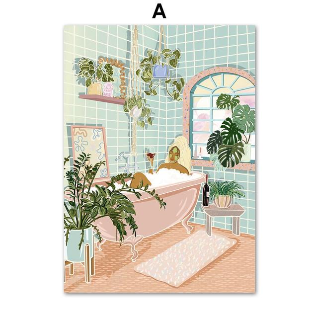 Tub Woman Bubble Bath Lady Tea Party Abstract Art Canvas Painting Nordic Posters And Prints Wall Pictures For Living Room Decor No Frame