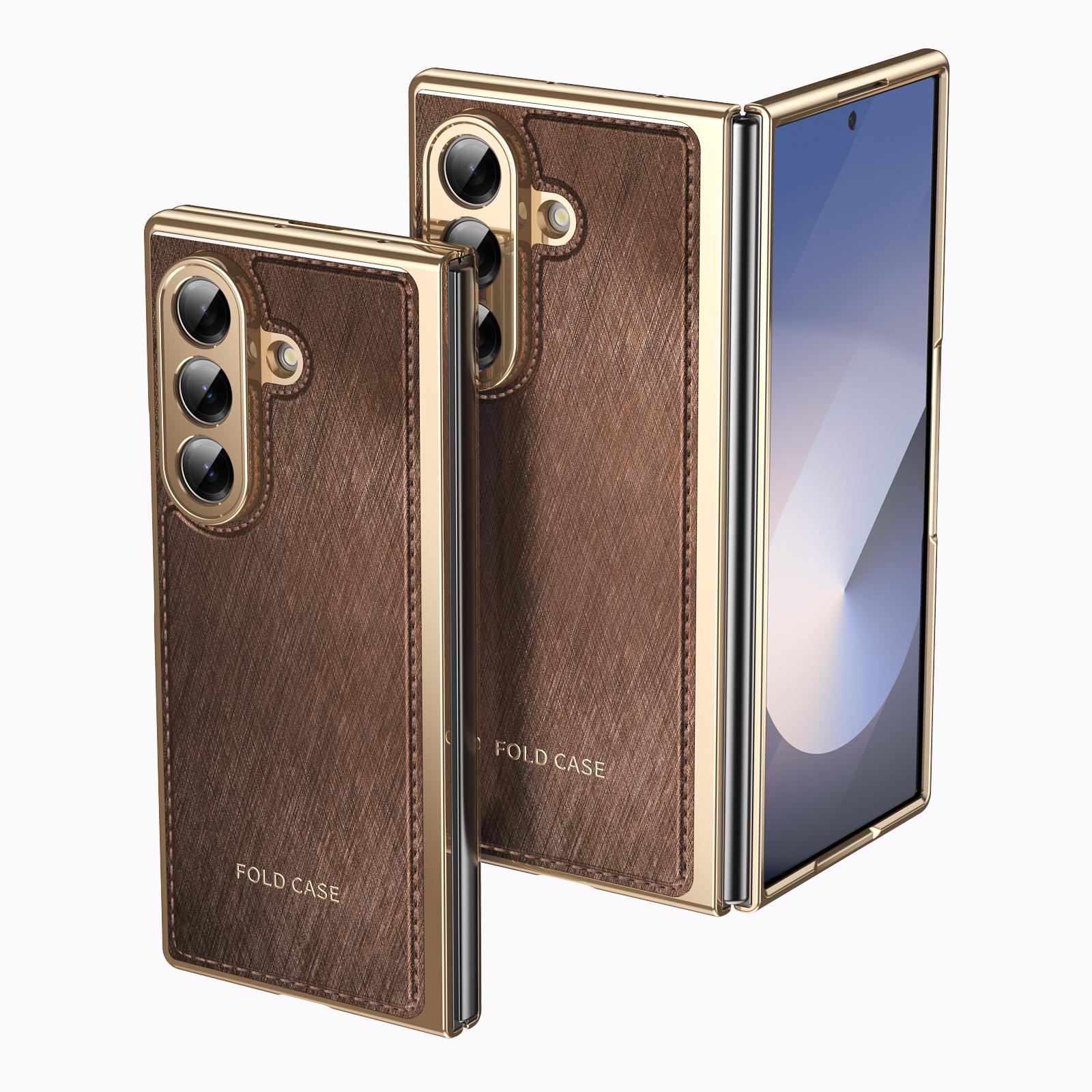 

Gold-Silk Texture Vegan Leather Case For Samsung Galaxy Z Fold 4 5 6 7 With Clear Tempered Glass Screen Protector Plating Cover Galaxy Z Fold6 темно-коричневого кольору