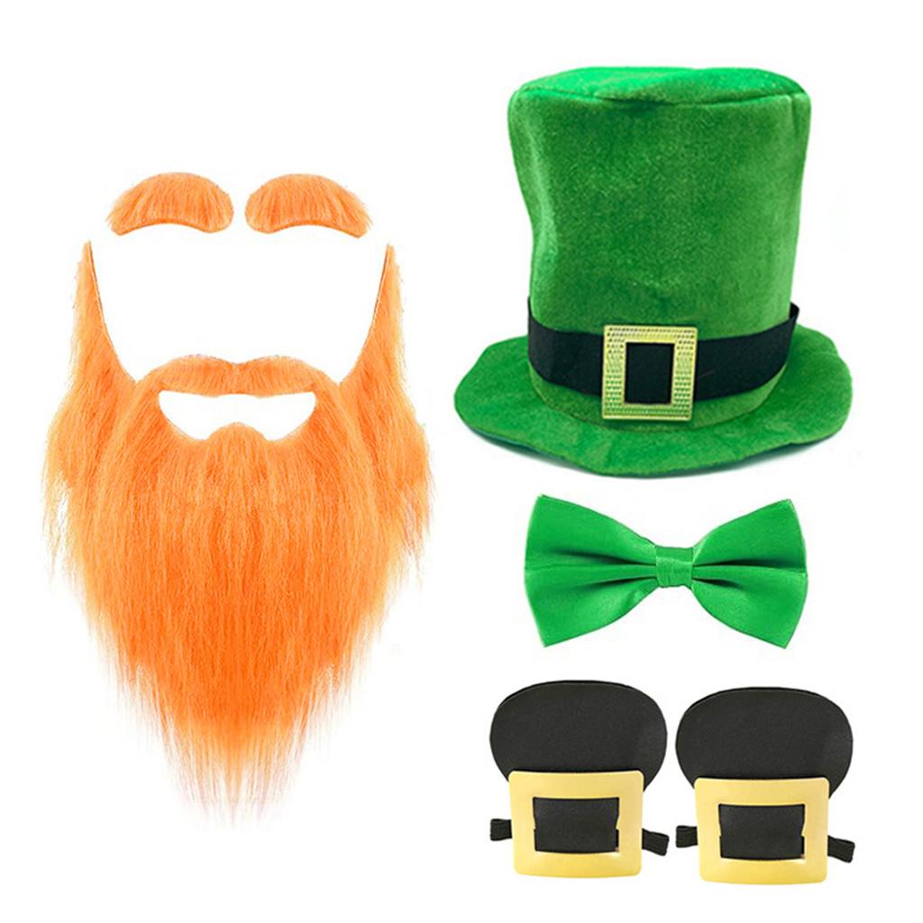 Green Tall Hat Beard for Saint Patrick Day with Bowtie Festival Decors Irish National Day Gathering Party Costume Props