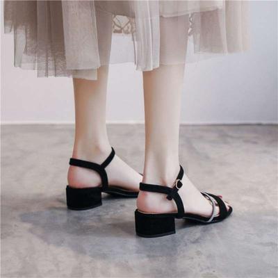 Sandals Female Summer 2025 New Middle Heel Thick Heel One-word Buckle with Rhinestones Fairy Style Versatile Shoes with Skirts