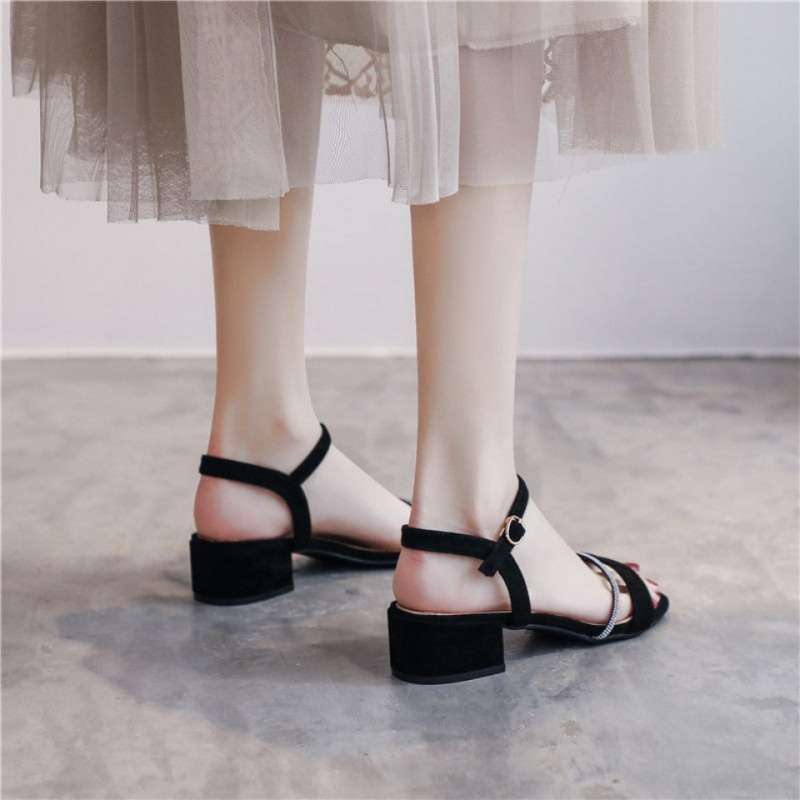 Sandals Female Summer 2025 New Middle Heel Thick Heel One-word Buckle with Rhinestones Fairy Style Versatile Shoes with Skirts